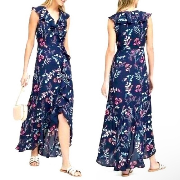 Banana Republic Faux Wrap Maxi Dress Navy Floral Ruffles - Picture 1 of 7